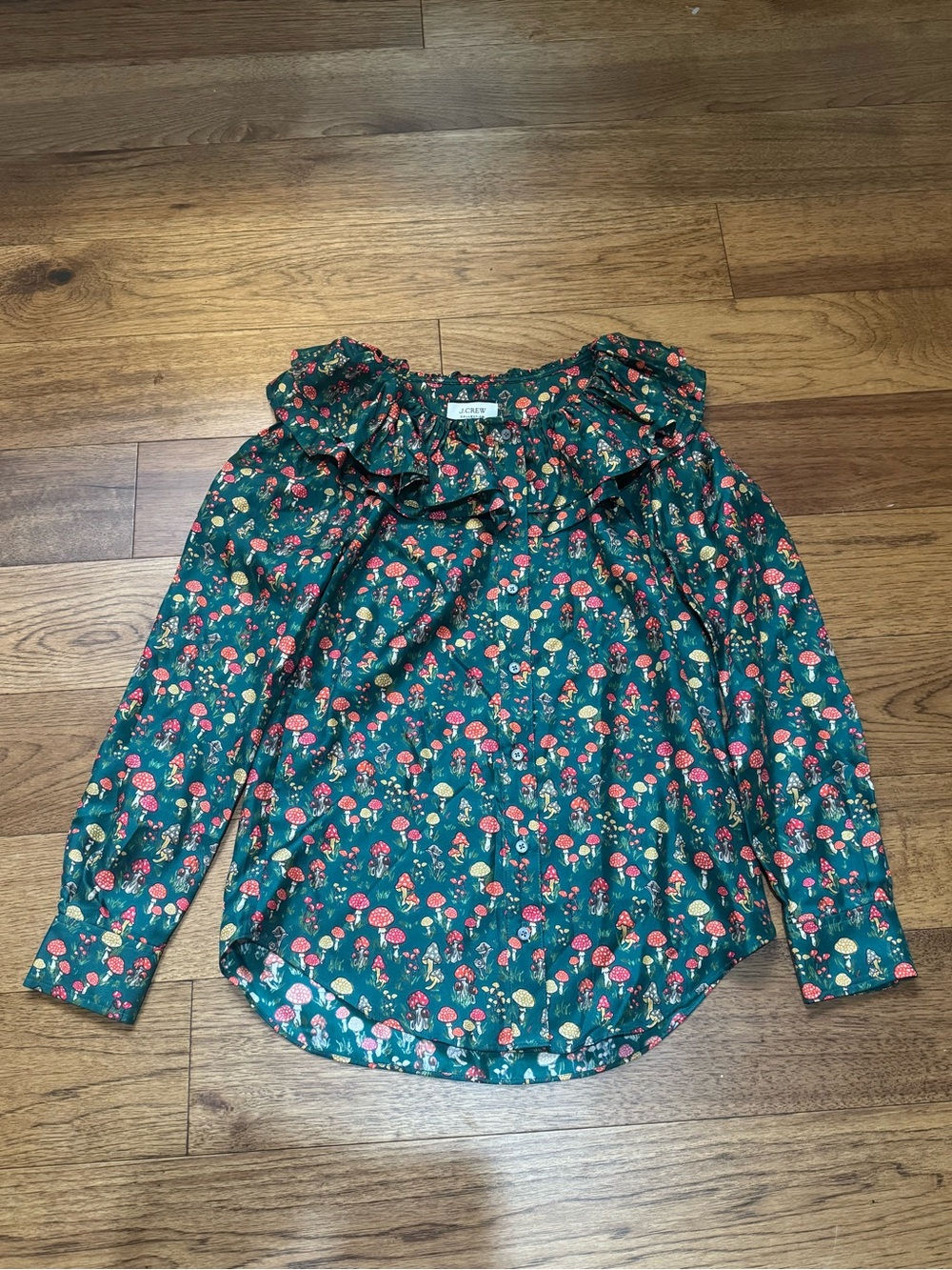 J. Crew Emerald Green Mushroom Print Ruffle Blouse - Picture 4 of 9
